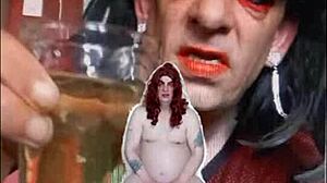 Sissy bisexual male exposed naked while peeing and swallowing