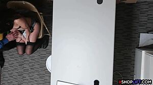 skinny teen 18+ caught shoplifting trades tight pussy for freedom at work