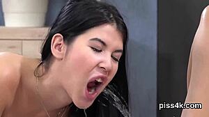 Cute lesbo nymphos get sprayed with piss and ejaculate on wet vaginas!