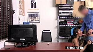 Caramel milf gags on officer's cock at work