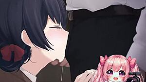 Anime girl kneels to worship huge cock and eats cum eagerly