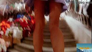 Mala dvojka goes shopping without panties, flashing her nude pussy in outdoor public exhibition