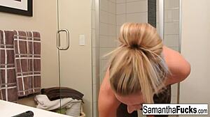 Samantha Saint in nude home movie masturbates her big tits and pussy early morning