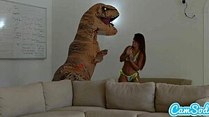 Big ass Latina teen chased by lesbian trex on hoverboard then fucked with dildo to orgasm