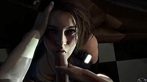 jill valentine's stars interrogation in resident evil parody, getting blowjob and facial from monster cock.