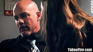 Slutty secretary gives blowjob to boss while he calls wife at office