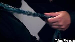 Slutty secretary gives blowjob to boss while he calls wife at office