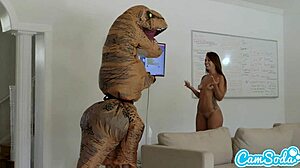 Big ass Latina teen chased by lesbian trex on hoverboard then fucked with dildo to orgasm