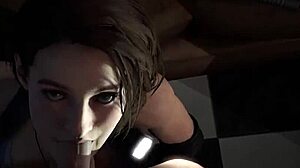 jill valentine's stars interrogation in resident evil parody, getting blowjob and facial from monster cock.