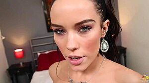 Petite brunette Megan Rain gives shaved pussy blowjob in POV