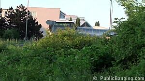 Cute Blonde Hottie in Public Street Threesome with Two Big Dick Guys