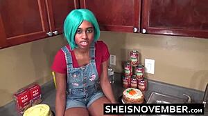 Step brother persuades cute step sister to fuck in kitchen.