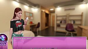 petite redhead teen slurps ramen in summer city game scene