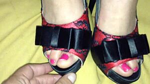 she explores her feet skills in this amateur footjob session with pussy play.