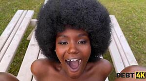 Ebony brunette returns debt with sex and big tits