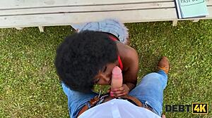 Ebony brunette returns debt with sex and big tits