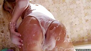 Tasha Reign Demands Soaping Up Her Big Natural Tits And Clit In Lingerie