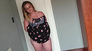 chubby fat girl tries on different dresses while playing dress up solo