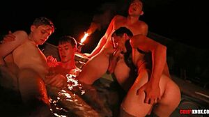 Finn, ethan, colby, and mickey share a late-night hot tub orgy