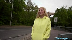 Stunning blonde Euro babe takes hard outdoor pounding. Public agent's deep dicking leaves her breathless.