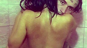 Otaku couple in bathroom with petite latina showing small natural tits