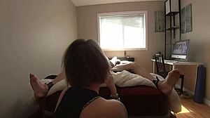 milf plays with bound boyfriend's feet and cock teasingly 😈