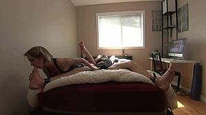 milf plays with bound boyfriend's feet and cock teasingly 😈