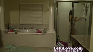 voyeur spies on amateur brunette washing hair in shower