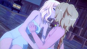 jean with hair down kissing in genshin impact hentai anime 3d cartoon style