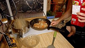 Sexy naked gay chef cooking rice noodle