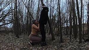 Blonde wife sucks her husband's cock topless in the park for homemade blowjob