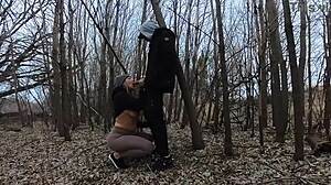 Blonde wife sucks her husband's cock topless in the park for homemade blowjob