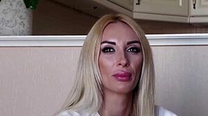 The blonde shows off her big tits and ass during this porn actress casting interview.