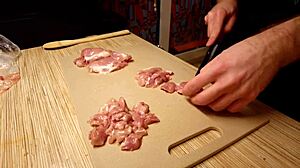 Sexy naked gay chef cooking rice noodle