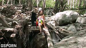 I’m obsessed with this sexy 18yo girl touching her hairy pussy outdoors in the forest