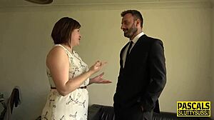 Chubby milf sub gets throat slammed and anally pounded, damn! 😲