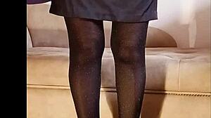 watch her pee in shiny pantyhose for free in wild solo action.