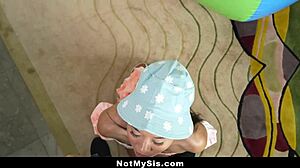 Perv stepbrother convinces his petite stepsister to play with his monster cock in pov.