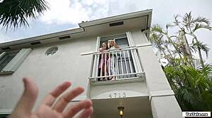 The horny sluts next door shared their neighbor's big cock in a wild threesome.