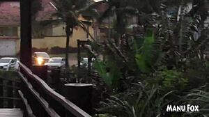 latina pornstar masturbates on the beach, fingering her big tits and ass