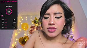 She sucks the monster dildo with drool dripping down her chin while her shaved pussy soaks the screen