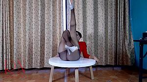 Lady in Pantyhose Strips by Round Table with Teasing Moves