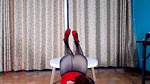 Lady in Pantyhose Strips by Round Table with Teasing Moves