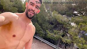 big cock stud cums hard on public trail outdoors