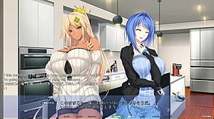 In the Akumeru family harem route part 4, the stepsis gets sandwiched between big tits and big ass in a bent over doggystyle group scene.