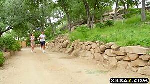 Three pornstar runners share a monster cock in a foursome group scene