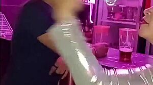 partying horny, hunk fucks me in men's bathroom, almost caught