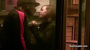 British Interracial Couple Dares Outdoor Flashing And Blowjob In Stockings