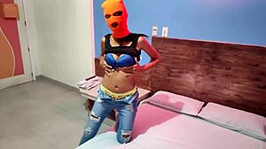 My brunette stepsister tells me she wants to celebrate halloween in a hotel bed she put on a mask and shakes her body and hips very sexy