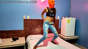 My brunette stepsister tells me she wants to celebrate halloween in a hotel bed she put on a mask and shakes her body and hips very sexy